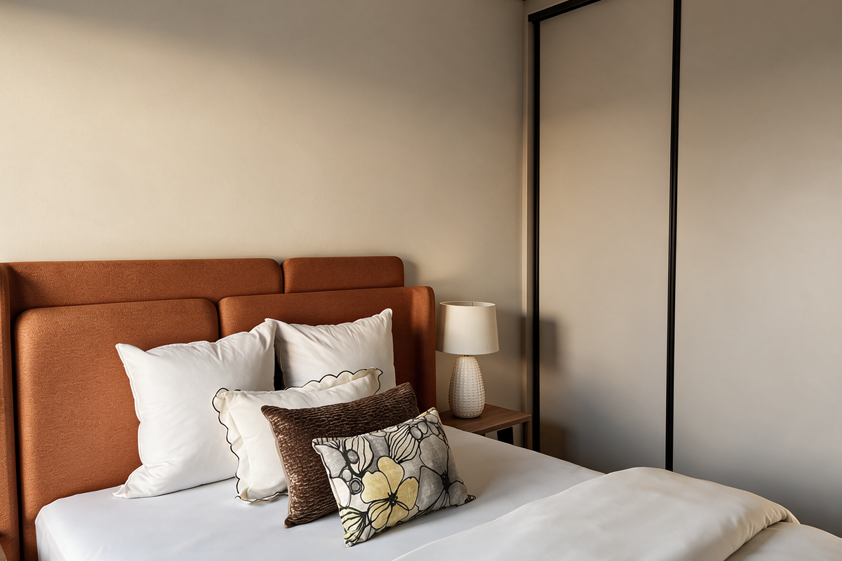A well-maintained bedroom featuring a modern built-in wardrobe with sleek black framing and neutral wall finishes.
