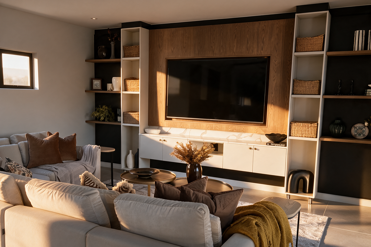 Modern living room featuring custom built-in cabinetry with integrated shelving and a sleek media wall, complemented by warm recessed lighting and tiled flooring.
