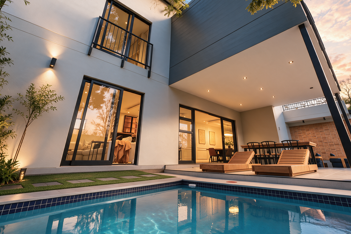 Modern cluster home featuring a pristine swimming pool, spacious covered patio, and seamless indoor-outdoor flow through large sliding glass doors.