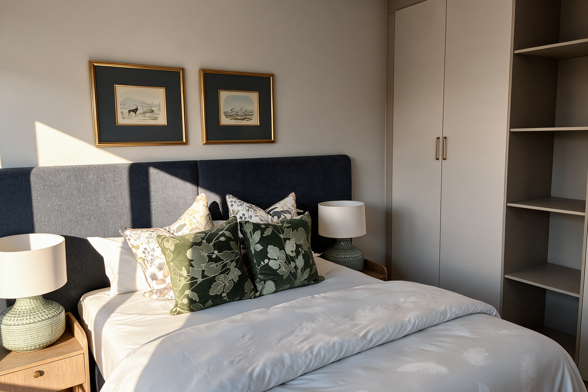 A well-appointed bedroom featuring a modern built-in wardrobe with integrated shelving and a stylish upholstered headboard, creating a clean and contemporary living space.