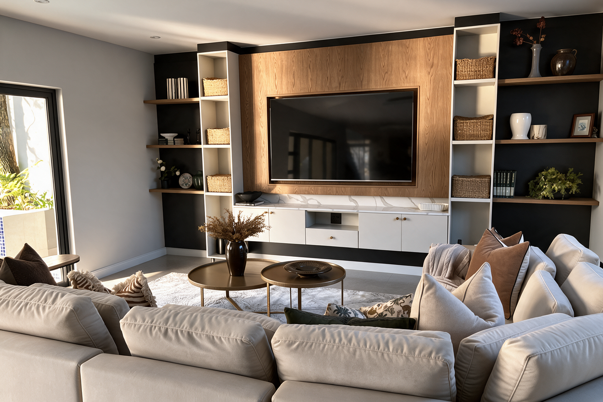 Modern living room featuring a custom built-in media wall with integrated shelving, wood paneling, and a sleek stone-topped console.