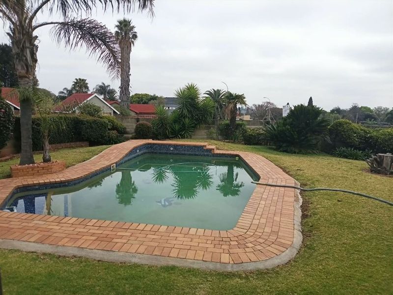 Outdoor swimming pool area featuring brick coping, surrounding lawn, and established garden landscaping.