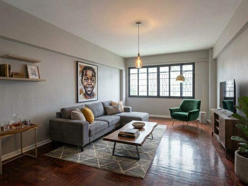 A well-maintained living room featuring rich dark parquet flooring, neutral walls, and a large multi-pane window providing natural light.