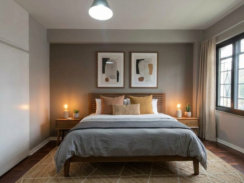 A well-maintained bedroom featuring hardwood flooring, a large built-in wardrobe, and a window providing natural light.