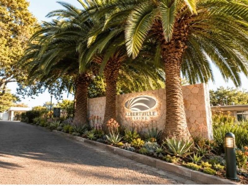 The entrance to Albertville Living features a stone-clad signage wall, mature palm trees, and a well-maintained paved driveway with integrated garden lighting.