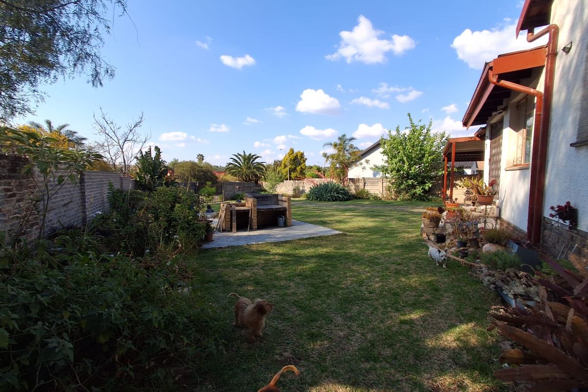 Spacious rear garden featuring a lawn, brick boundary walls, and a built-in braai area, providing a functional outdoor space for entertaining.