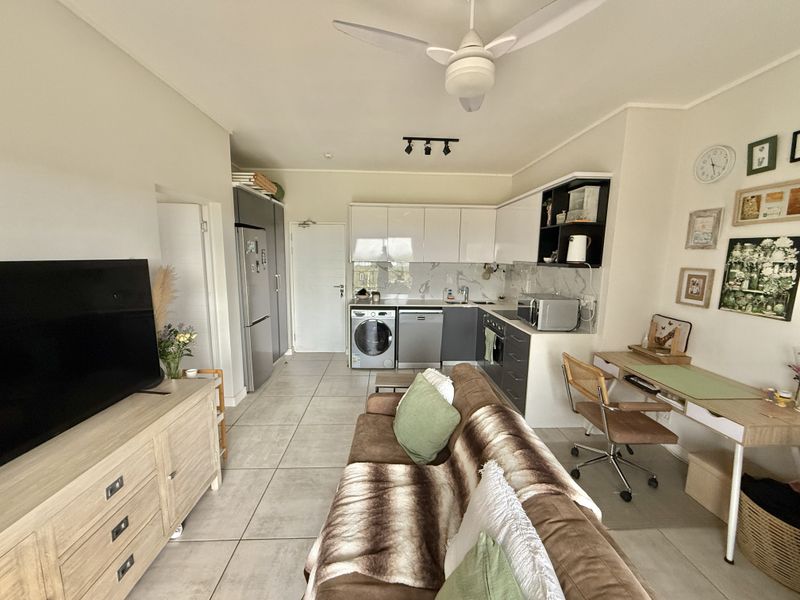A modern open-plan living and kitchen area featuring tiled floors, contemporary cabinetry, integrated appliances, and a ceiling fan for climate control.