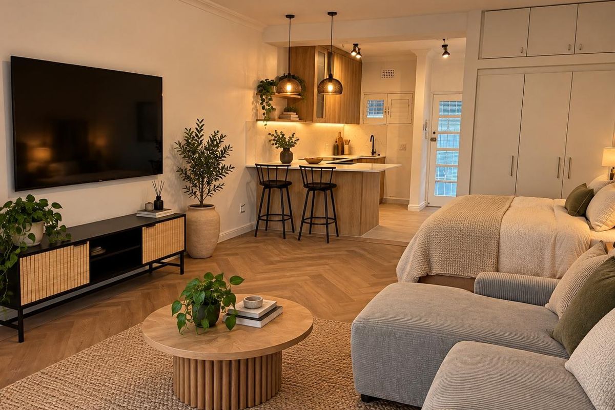 A beautifully presented open-plan living and kitchen area featuring herringbone timber flooring, modern cabinetry, and warm integrated lighting throughout the space.