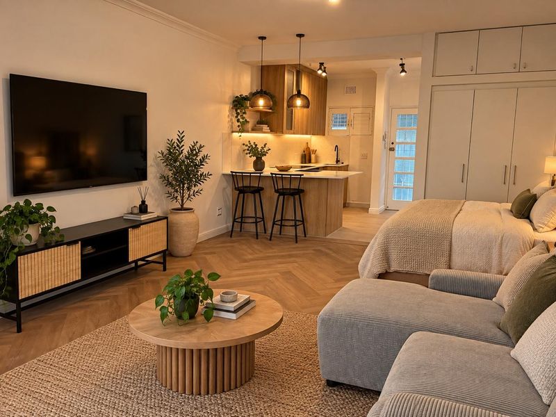 A beautifully presented open-plan living and kitchen area featuring herringbone timber flooring, modern cabinetry, and warm integrated lighting throughout the space.