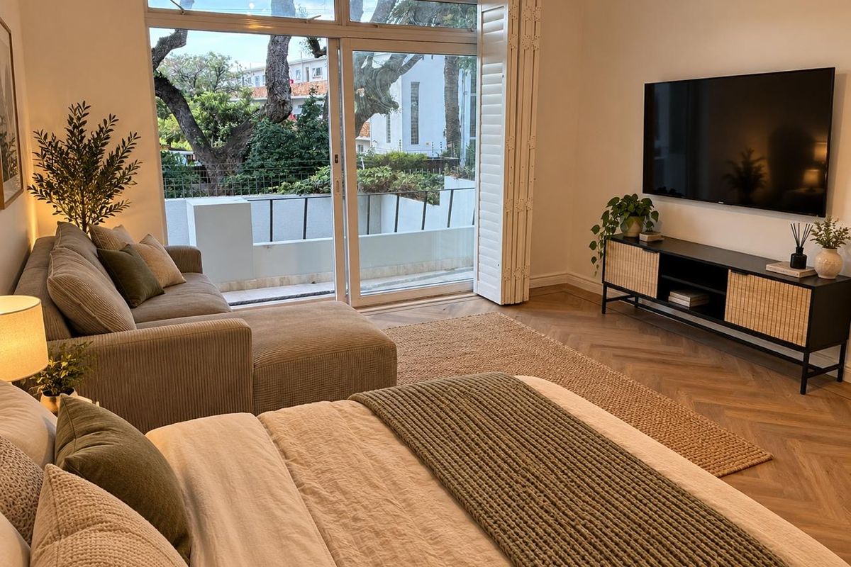 A well-appointed bedroom featuring elegant herringbone timber flooring and bi-fold doors that open onto a private balcony, providing ample natural light.