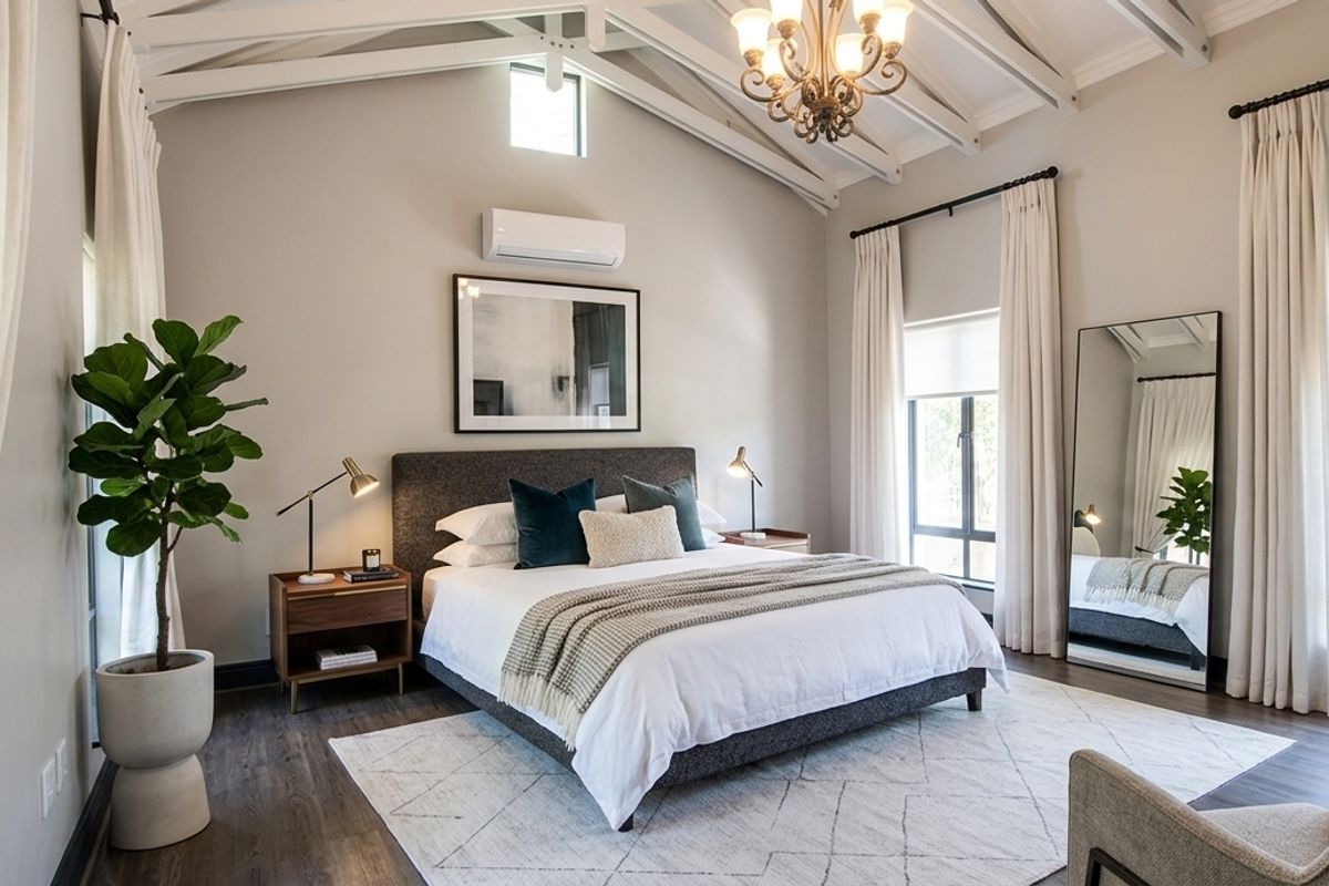Spacious bedroom featuring a vaulted ceiling with exposed rafters, split-system air conditioning, and large windows providing ample natural light.