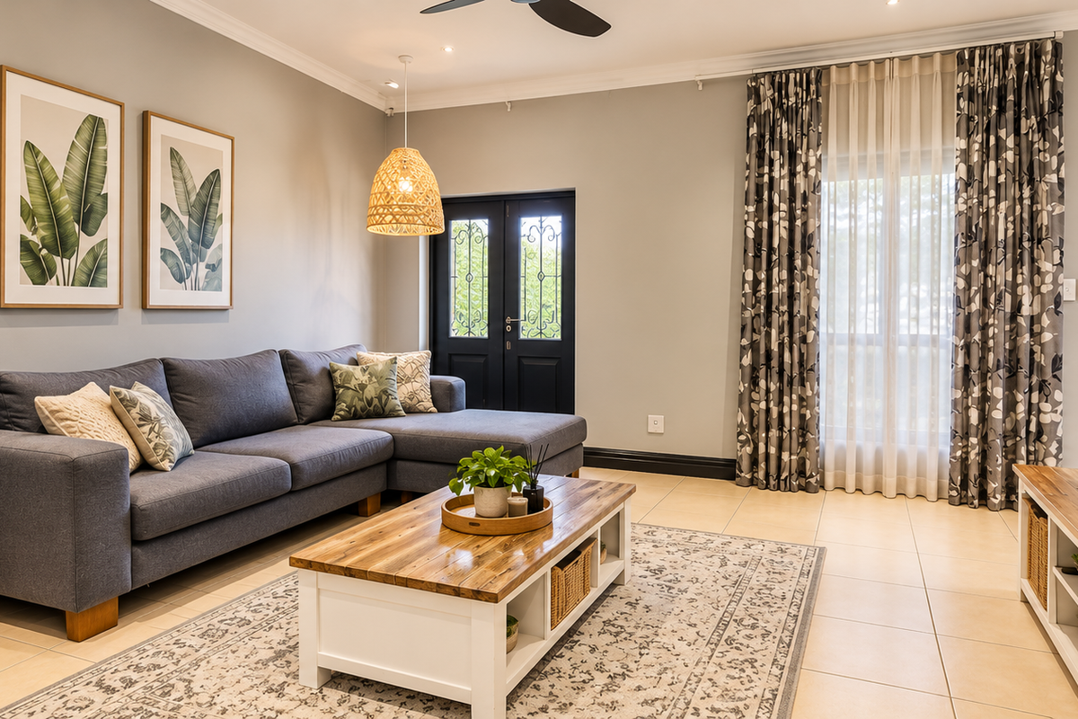 A well-maintained living room featuring tiled floors, an exposed brick feature wall, and a double glass panel door leading to the exterior.