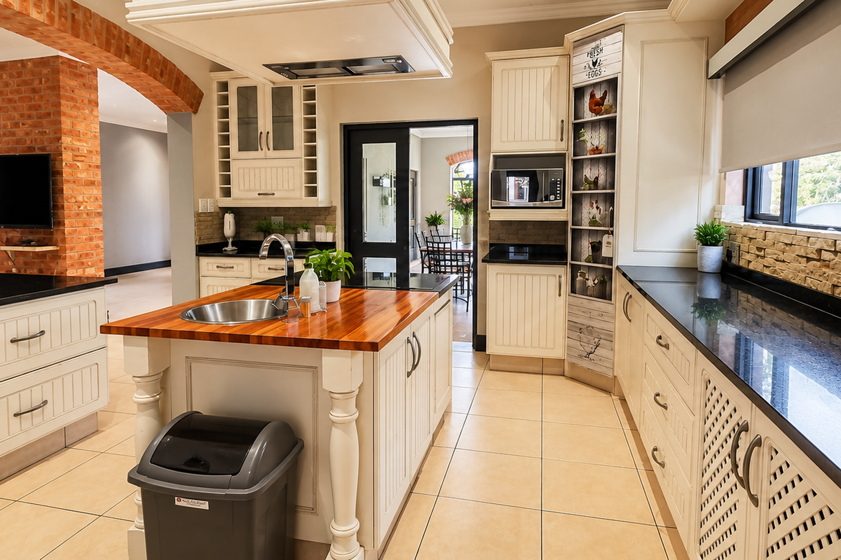 A well-appointed kitchen featuring a central island with a butcher block top, granite countertops, built-in appliances, and a distinctive exposed brick archway.