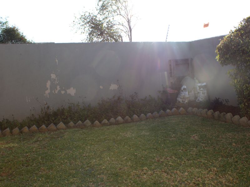 A private garden area featuring a lawn, concrete edging, and a perimeter wall with visible paint deterioration.