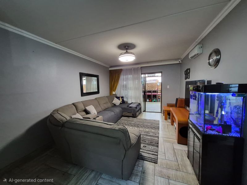 A comfortable living room featuring tiled flooring, a ceiling fan, and a split-system air conditioner, with direct access to an outdoor patio area.