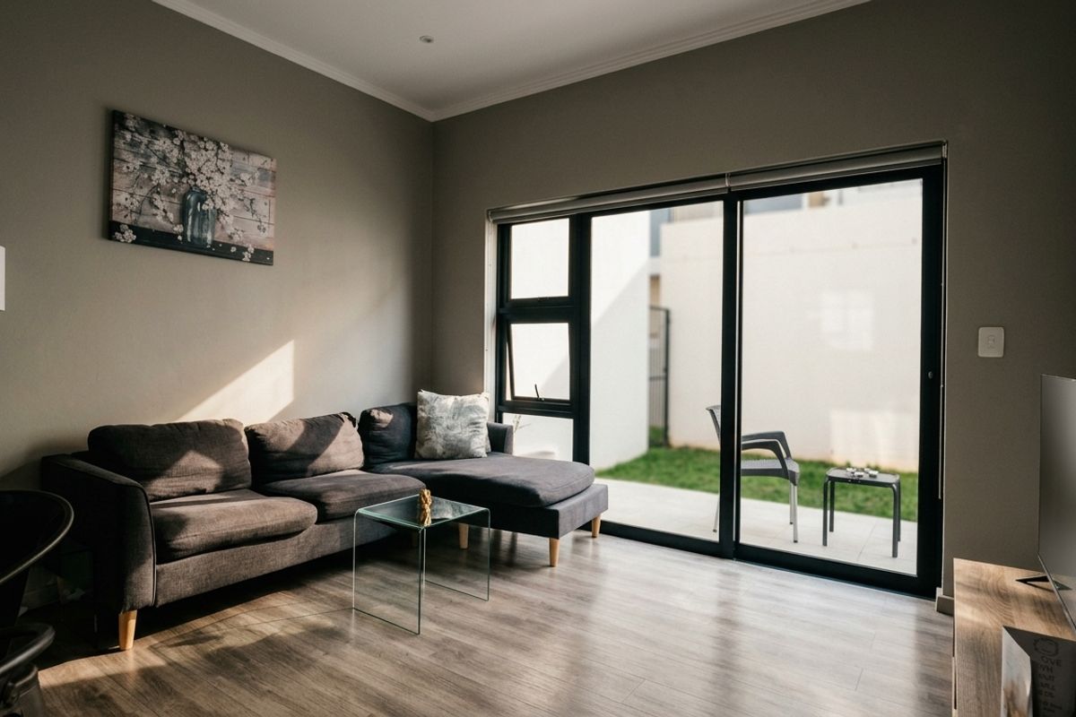 A well-lit living room featuring modern laminate flooring and large sliding glass doors that provide direct access to an outdoor patio area.