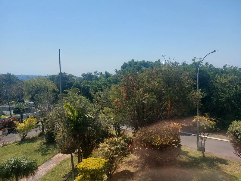 A scenic elevated view overlooking a lush green garden, paved pathways, and surrounding neighborhood street infrastructure.