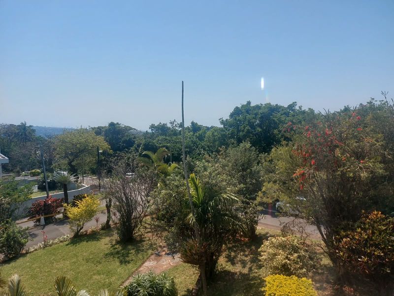 A scenic elevated view overlooking a lush green garden, mature trees, and the surrounding neighborhood landscape.