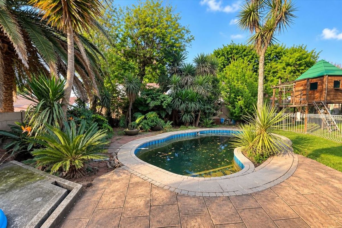 A backyard pool area featuring a kidney-shaped swimming pool, paved surround, and established garden landscaping.