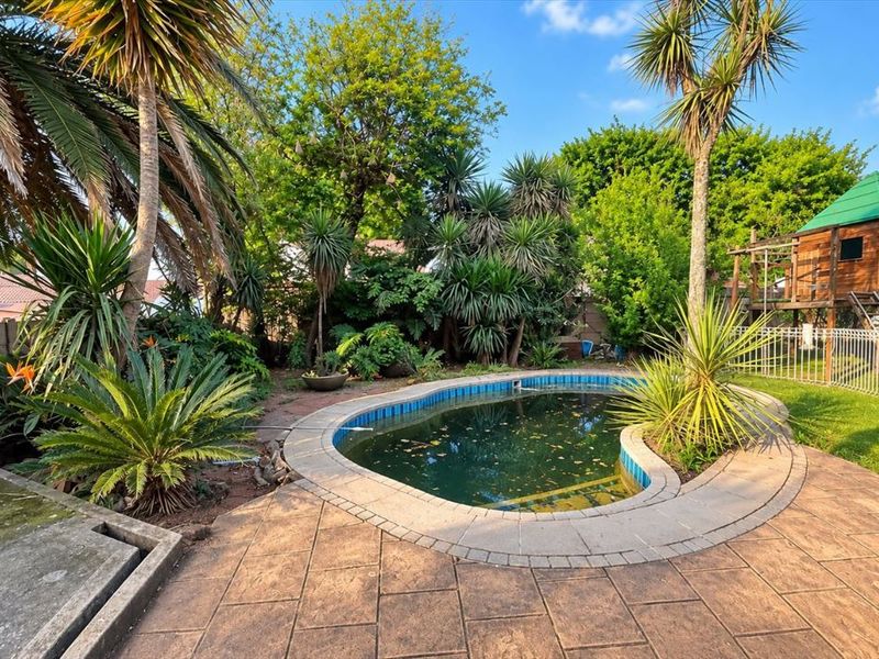 A backyard pool area featuring a kidney-shaped swimming pool, paved surround, and established garden landscaping.