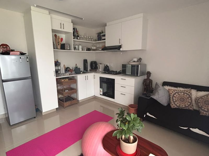 Compact open-plan living area featuring a functional kitchen with white cabinetry, built-in oven, hob, and extractor fan, seamlessly integrated with the living space.