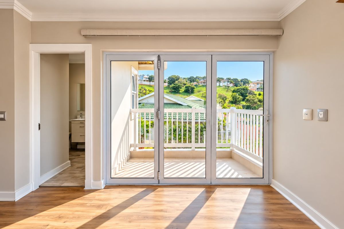 A bright, empty bedroom featuring modern laminate flooring, recessed lighting, and large sliding doors opening onto a private balcony with scenic views.