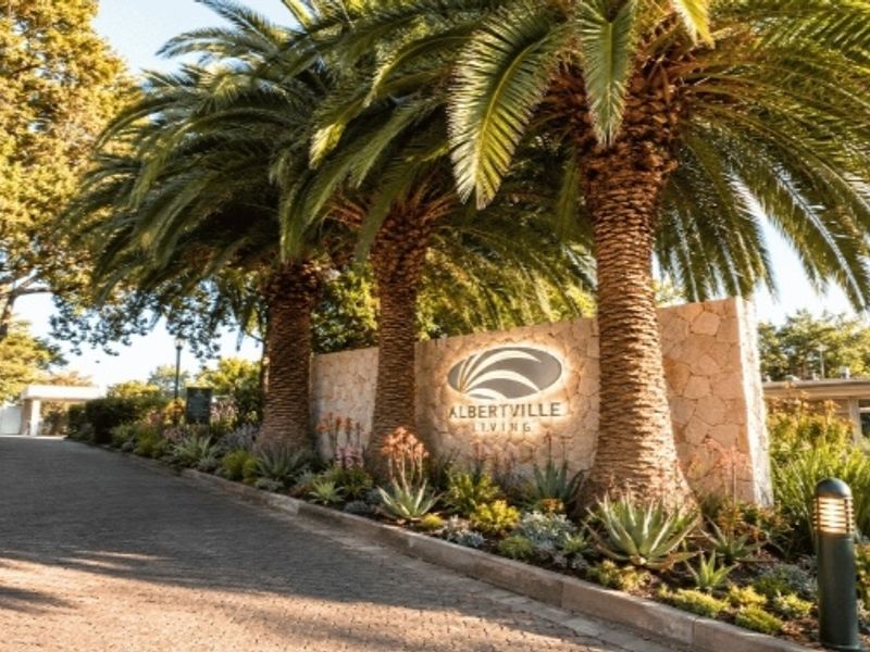 The entrance to Albertville Living features a stone-clad wall with illuminated signage, surrounded by mature palm trees and well-maintained landscaped gardens.
