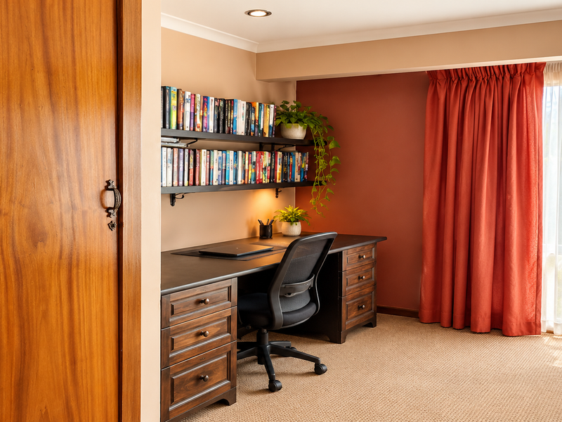 A functional home office featuring a built-in timber desk, integrated shelving, and recessed lighting, providing a dedicated workspace with natural light.