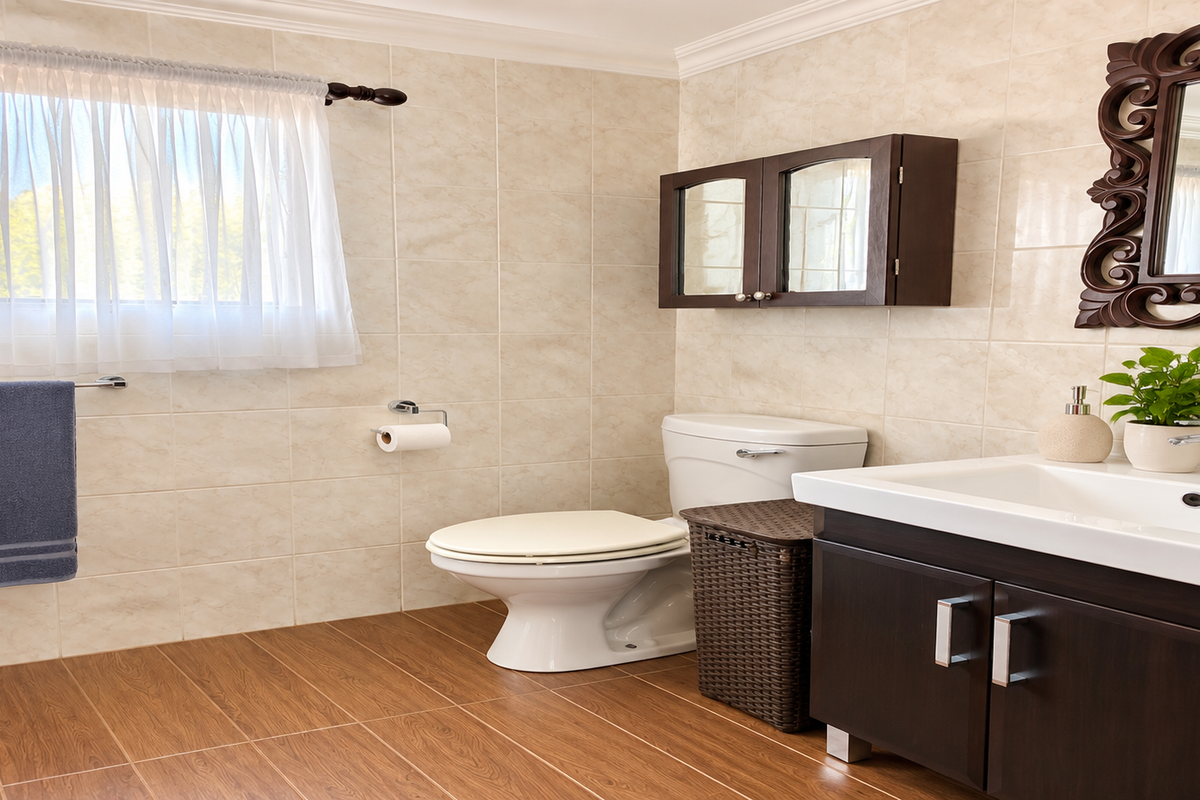A well-maintained bathroom featuring wood-look floor tiles, neutral wall tiling, a modern vanity cabinet, and a wall-mounted medicine cabinet.