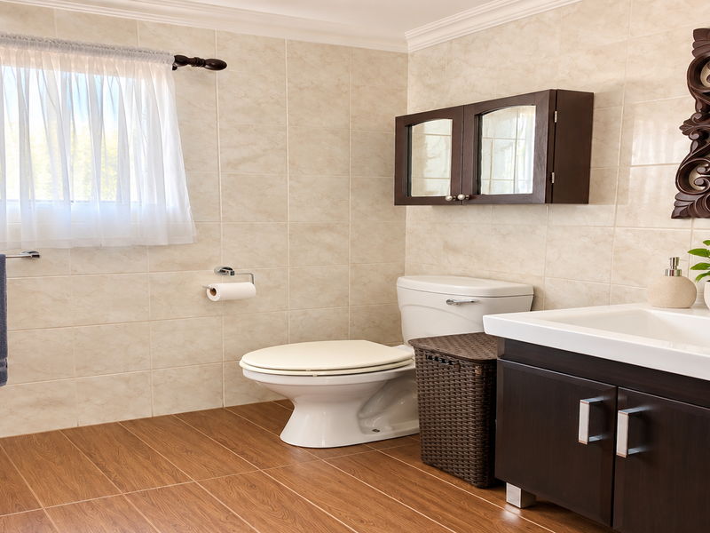 A well-maintained bathroom featuring wood-look floor tiles, neutral wall tiling, a modern vanity cabinet, and a wall-mounted medicine cabinet.