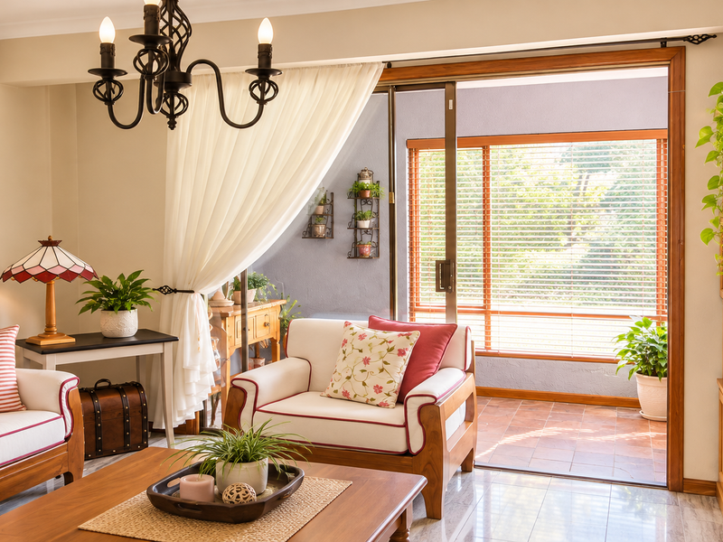 A well-maintained living room featuring tiled flooring, a decorative wrought iron chandelier, and a sliding glass door leading to an outdoor patio area.