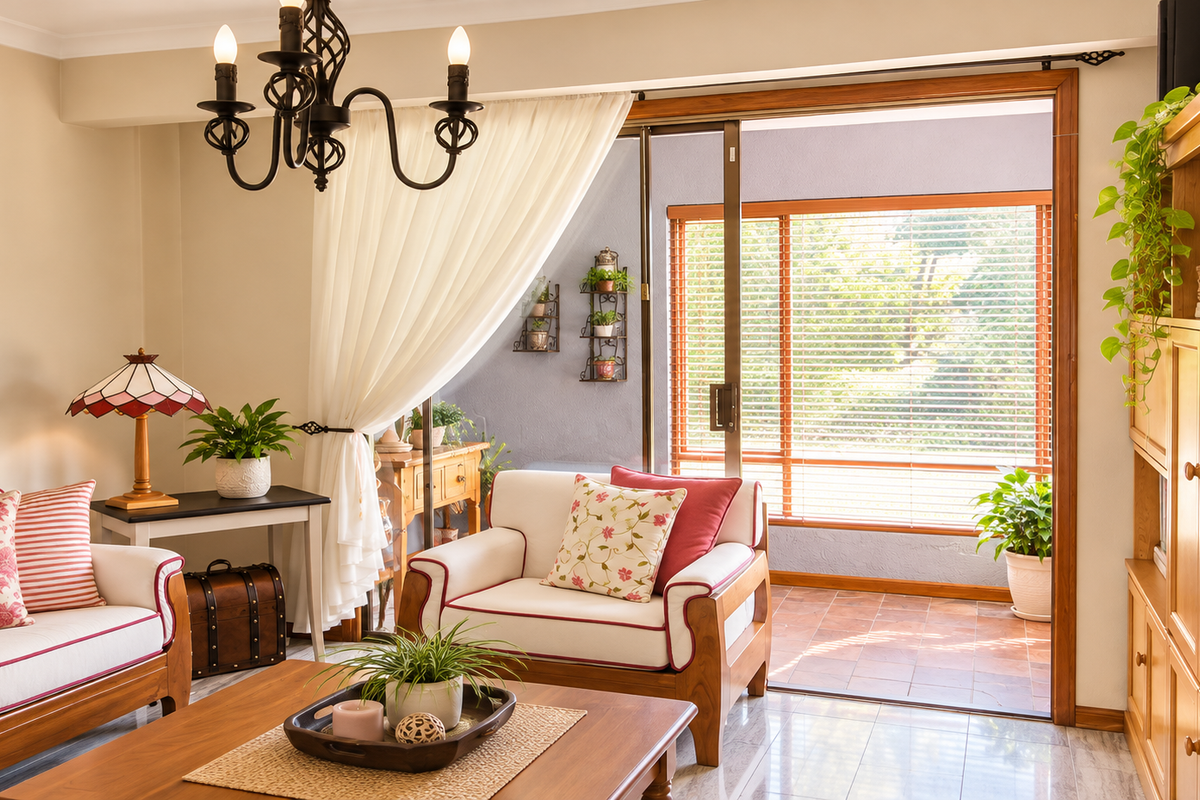 A well-maintained living room featuring tiled flooring, a decorative wrought iron chandelier, and a sliding glass door leading to an outdoor patio area.