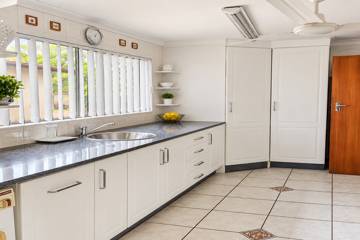 A functional kitchen featuring white cabinetry, granite countertops, a stainless steel sink, and tiled flooring with decorative accents.