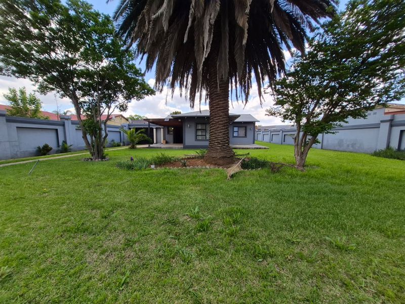 A view of the rear exterior of the house featuring a spacious lawn, mature palm tree, and a covered patio area.