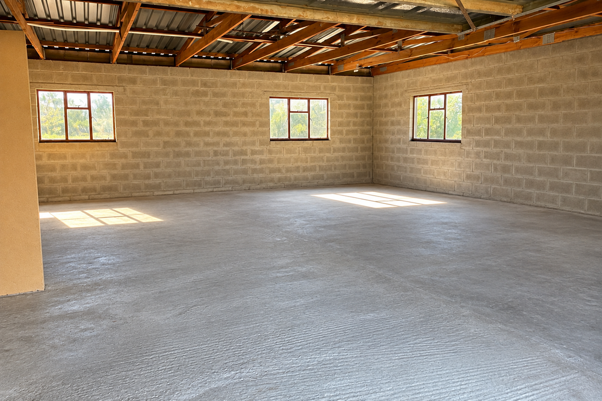 A spacious, unfinished interior area featuring exposed timber roof trusses, concrete block walls, and a concrete floor, offering a blank canvas for renovation.
