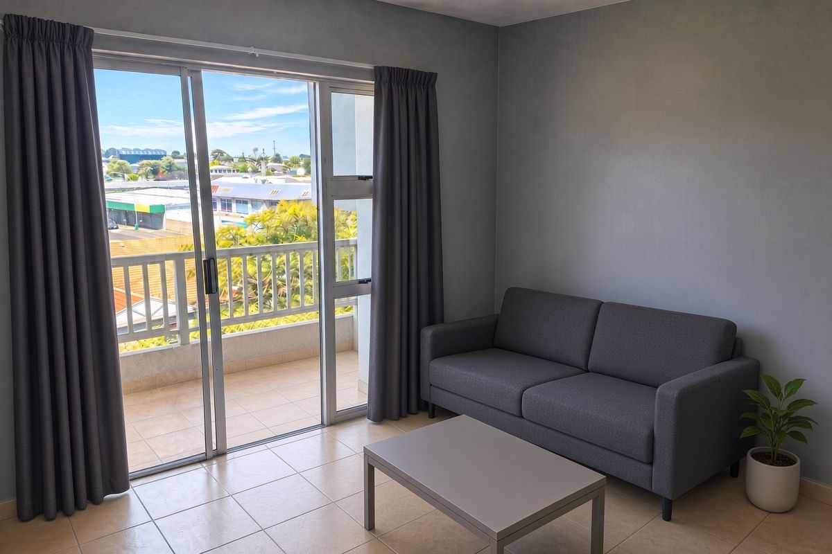 A bright living room featuring tiled flooring and a sliding glass door that opens onto a private balcony with neighborhood views.