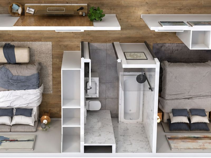 A 3D rendered floor plan showing the layout of two bedrooms with an integrated central bathroom featuring a shower and toilet.