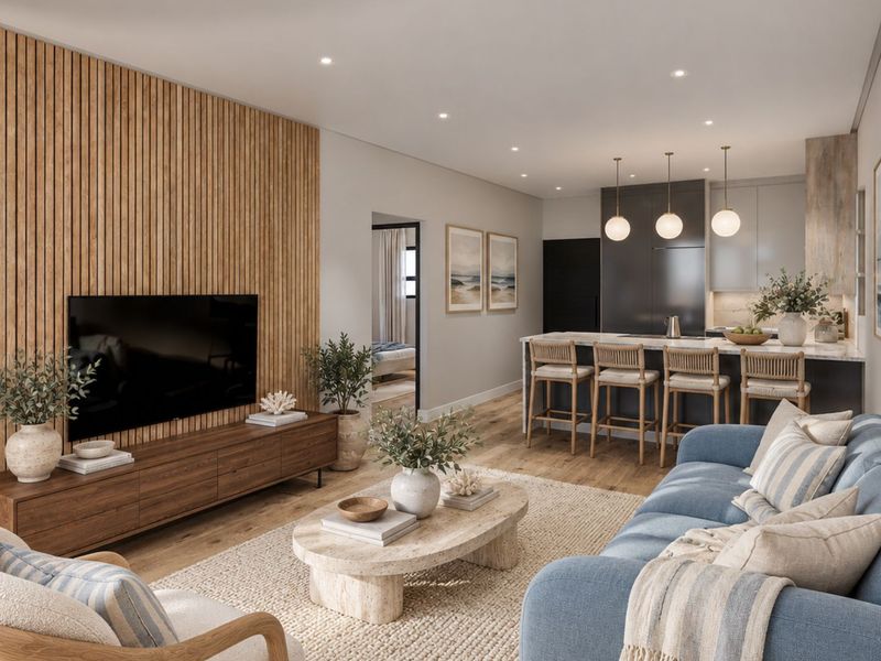 Modern open-plan living area featuring a timber slat feature wall, recessed lighting, and a sleek kitchen with a central island and stone countertops.