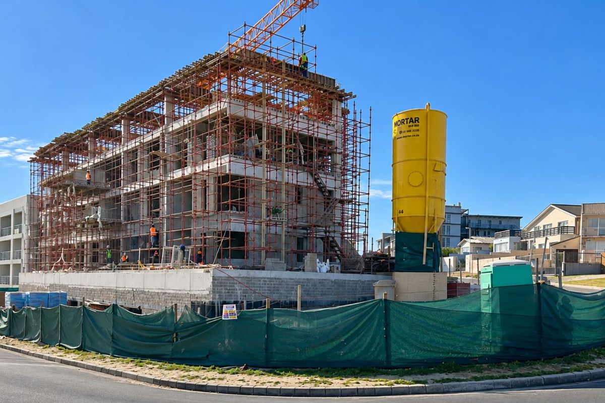 A multi-story apartment building currently under construction, featuring exposed concrete framework, extensive scaffolding, and a site-specific mortar silo.