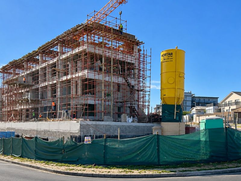 A multi-story apartment building currently under construction, featuring exposed concrete framework, extensive scaffolding, and a site-specific mortar silo.