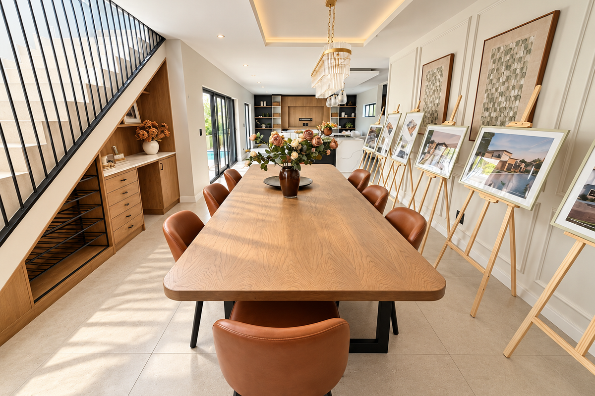 Elegant dining area featuring custom under-stair cabinetry, sophisticated wall paneling, modern pendant lighting, and seamless access to the outdoor pool area.