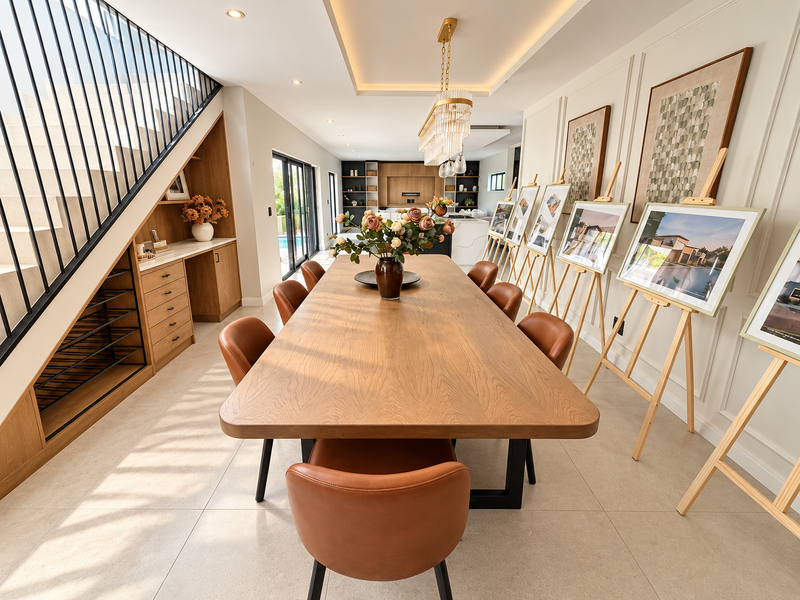 Elegant dining area featuring custom under-stair cabinetry, sophisticated wall paneling, modern pendant lighting, and seamless access to the outdoor pool area.