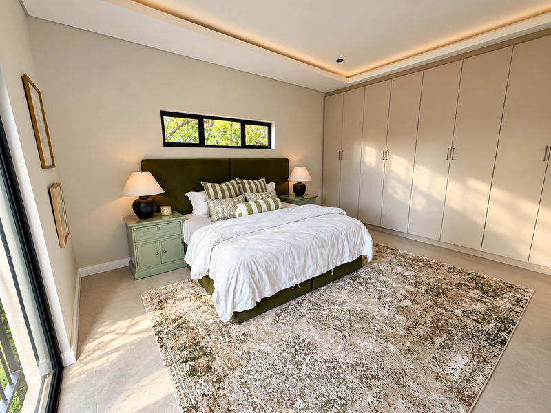 A modern, well-lit bedroom featuring extensive built-in cupboards, recessed ceiling lighting, and a sleek horizontal window overlooking greenery.