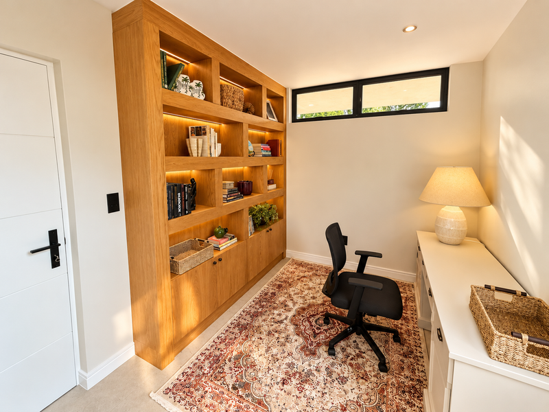 A well-appointed home office featuring custom built-in oak shelving with integrated lighting and a modern clerestory window for natural light.