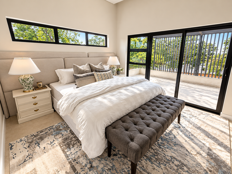 A bright, modern bedroom featuring a large upholstered headboard, clerestory windows, and sliding glass doors that open onto a private tiled balcony.