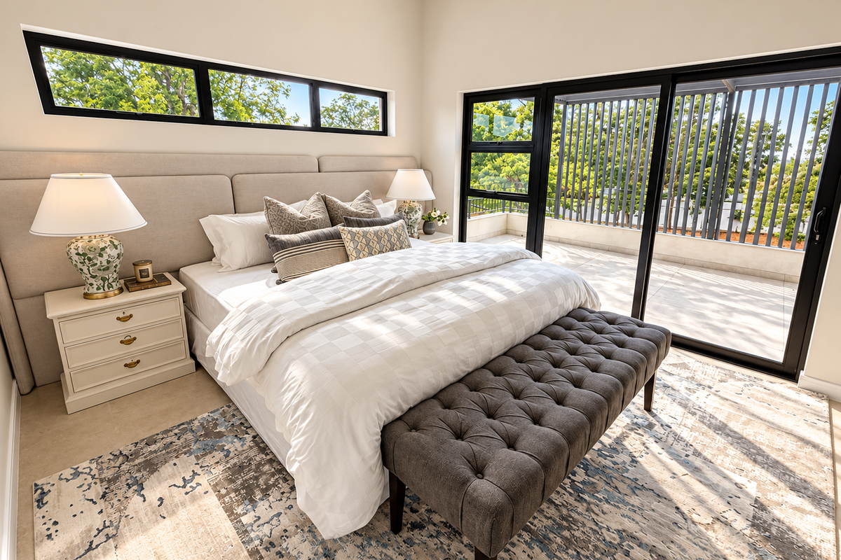 A bright, modern bedroom featuring a large upholstered headboard, clerestory windows, and sliding glass doors that open onto a private tiled balcony.