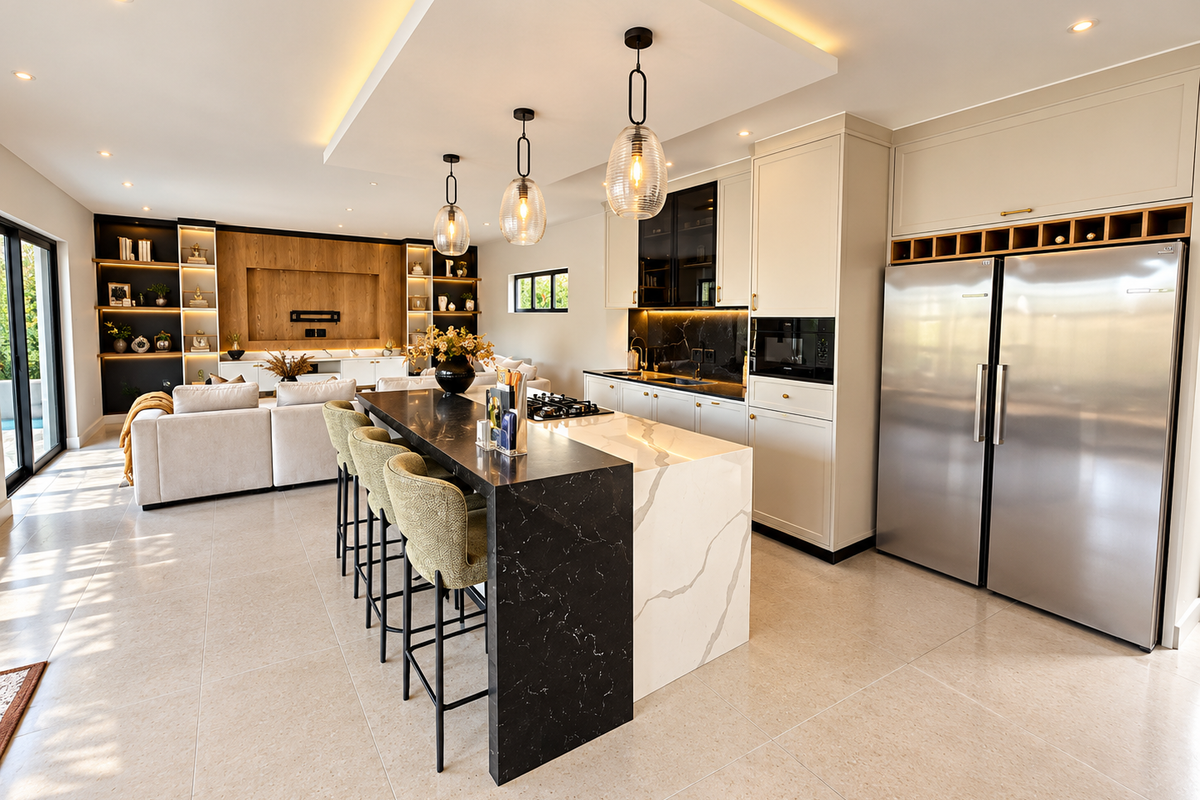 Modern open-plan living area featuring a sleek kitchen with a large stone-topped island, built-in cabinetry, and integrated lighting, flowing into a comfortable lounge space.