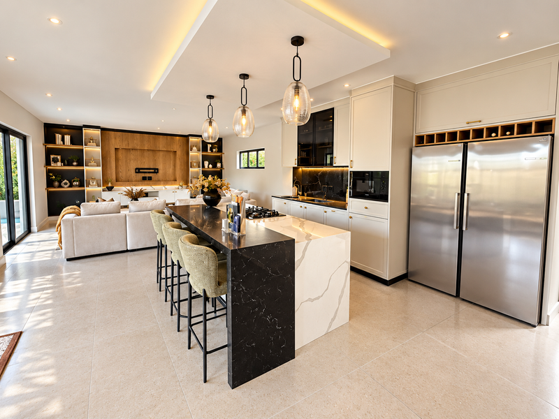 Modern open-plan living area featuring a sleek kitchen with a large stone-topped island, built-in cabinetry, and integrated lighting, flowing into a comfortable lounge space.
