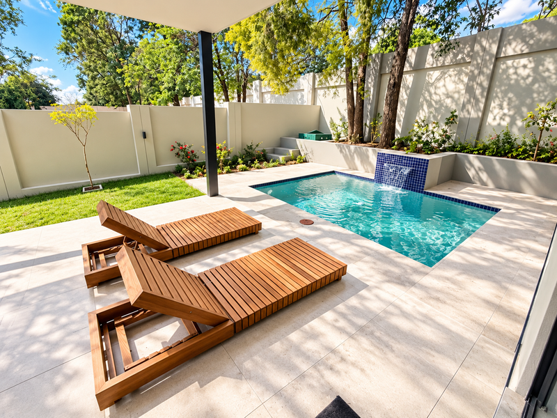 A well-maintained outdoor pool area featuring a tiled patio, a built-in water feature, and a landscaped garden enclosed by high boundary walls.