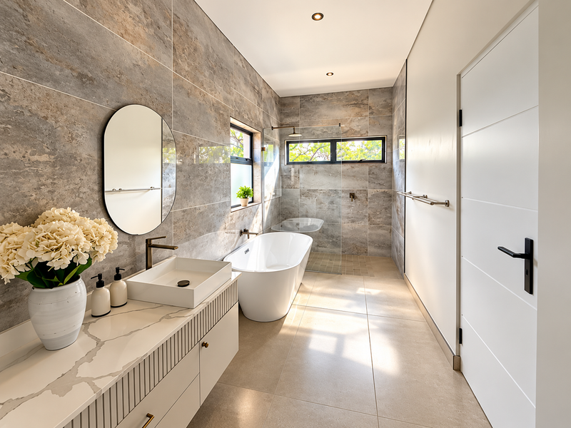Modern, high-end bathroom featuring a freestanding bathtub, walk-in shower with glass screen, stone-topped vanity, and contemporary tiled finishes throughout.